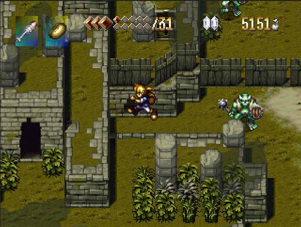 Imagem do jogo Alundra, aonde está pulando plataformas