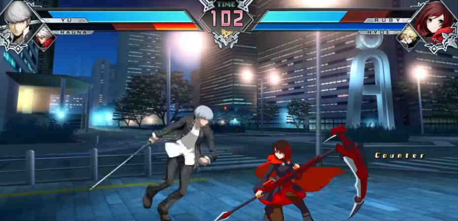 Yu e Ragna contra Ruby e Hyde em BlazBlue Cross Tag Battle