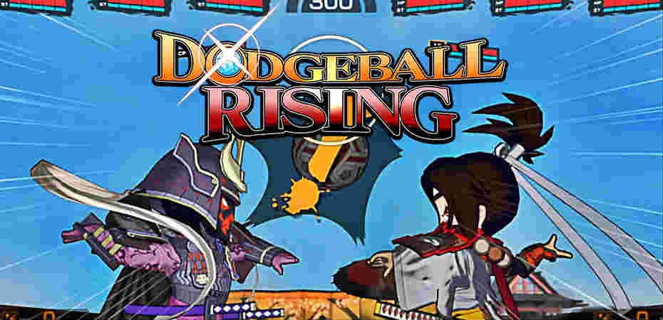 Imagem de jogabilidade e logo de Dodgeball Rising.