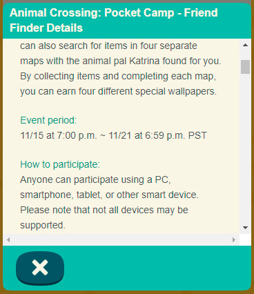 Imagem das regras e informações do jogo Animal Crossing: Pocket Camp Friend Finder