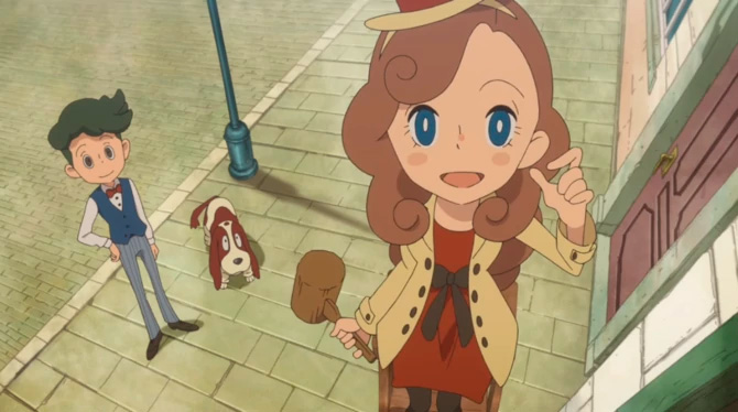 Katrielle e seus ajudantes na série Layton's Mystery Journey