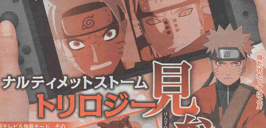 Parte do scan de página da revista Jump com informação sobre Naruto Shippuden Ultimate Ninja Storm Trilogy no Switch