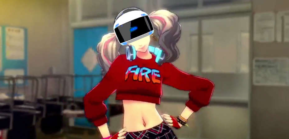 Imagem de Ann Takamaki de P5D com o headset PlayStation VR