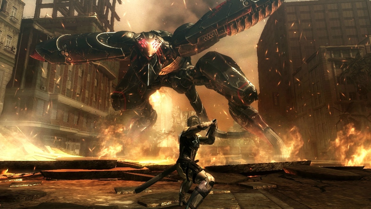 Imagem de gameplay de Metal Gear Rising: Revengeance exibindo Raiden contra um Metal Gear RAY.