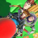 Screenshot exibindo Sora, Woody e Buzz Lightyear em Kingdom Hearts III