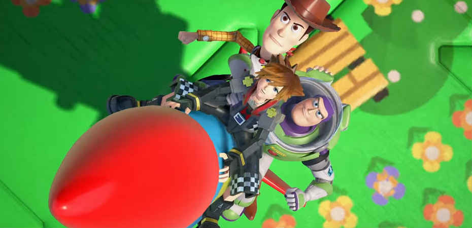 Screenshot exibindo Sora, Woody e Buzz Lightyear em Kingdom Hearts III