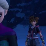 Screenshot exibindo Elsa, Sora e Pateta em Kingdom Hearts III
