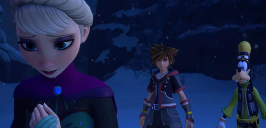 Screenshot exibindo Elsa, Sora e Pateta em Kingdom Hearts III