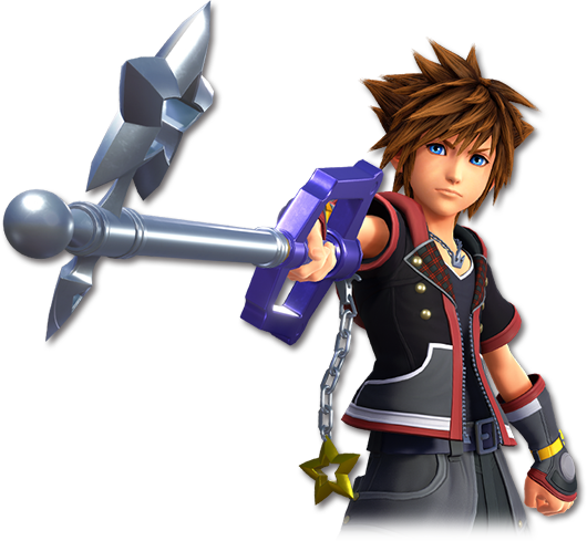 Sora com seu design de Kingdom Hearts III empunhando a Starlight Keyblade que pode ser adquirida em Kingdom Hearts Union X