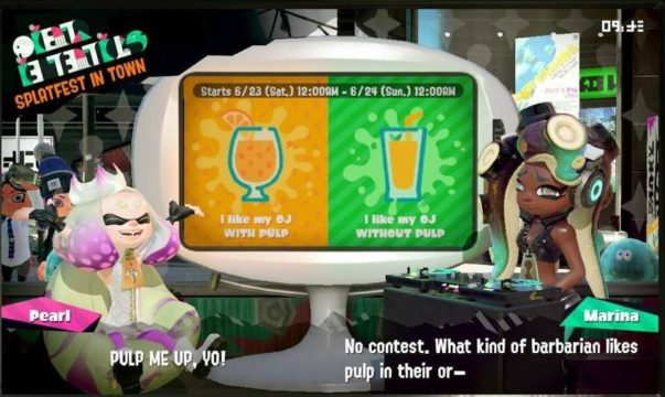 Splatfest com tema de suco de laranja com ou sem polpa em Splatoon 2