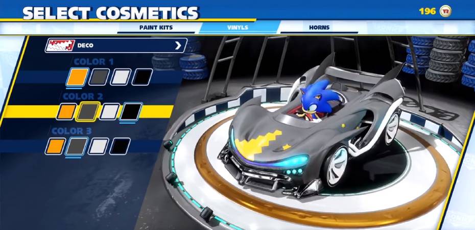 Tela de customização de veículos de Team Sonic Racing