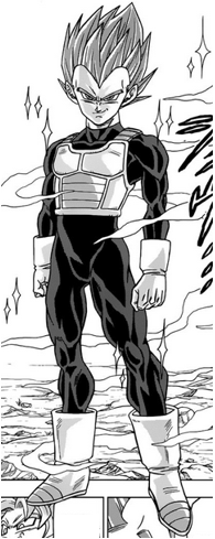 Vegeta na forma de Super Saiyajin Deus no mangá de Dragon Ball Super, como ele também aparecerá em Dragon Ball Xenoverse 2