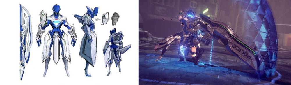 Arte conceitual e captura de tela do "Legion" Axe de Astral Chain