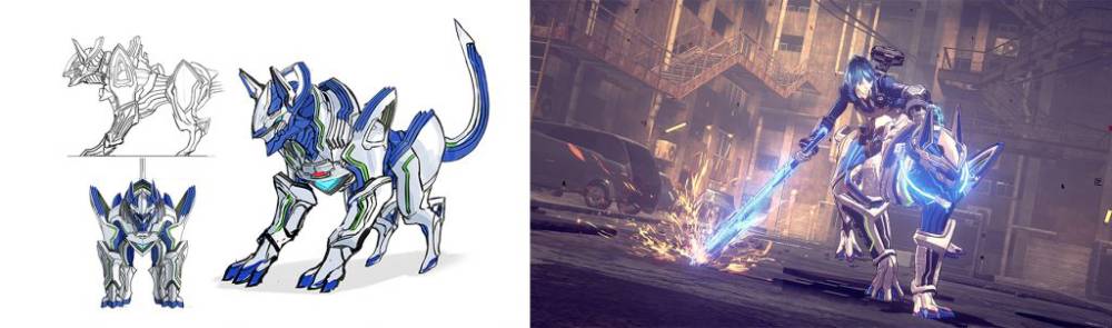 Arte conceitual e captura de tela do "Legion" Beast de Astral Chain